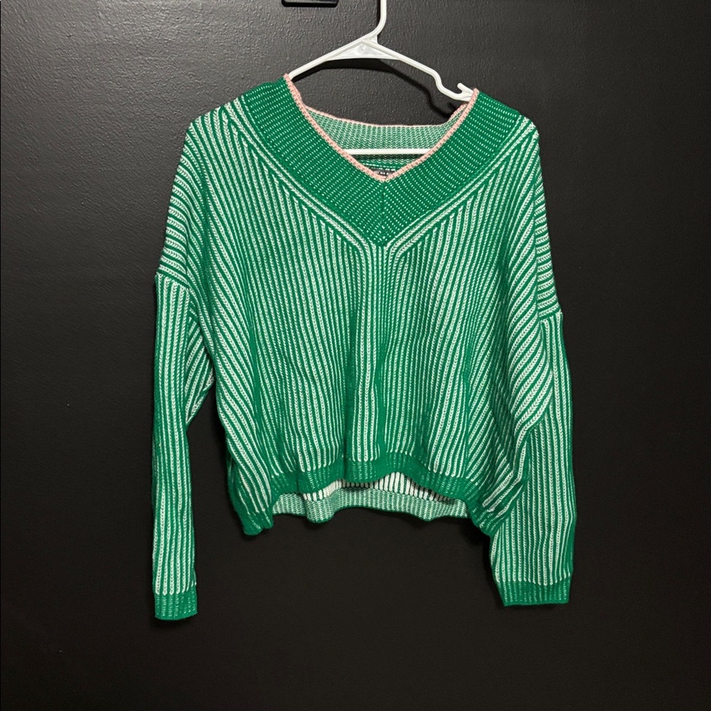 Green and White Striped Sweater